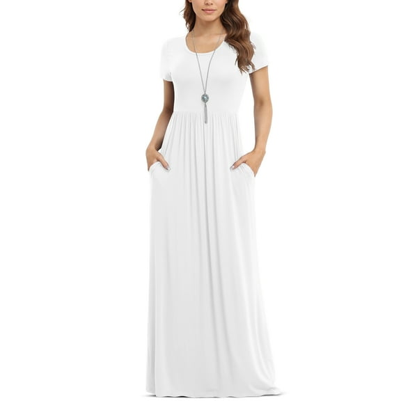 Asklazy Women's Short Sleeve Loose Plain Maxi Dresses Casual Long Dresses with Pockets,US Size,White,XL