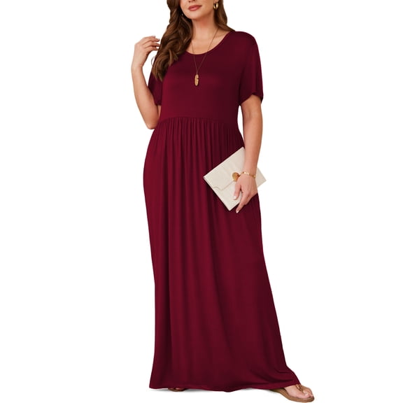 Asklazy Women's Short Sleeve Loose Plain Maxi Dresses Casual Long Dresses with Pockets,US Size,Wine red-2XL