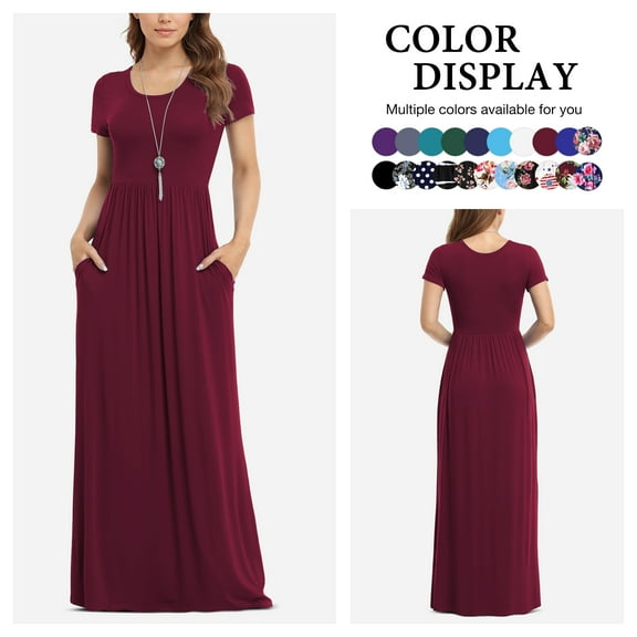 Asklazy Women's Short Sleeve Loose Plain Maxi Dresses Casual Long Dresses with Pockets,US Size,Wine red-L