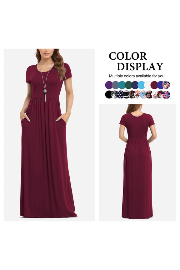 Women's Short Sleeve Loose Plain Maxi Dresses Casual Long Dresses with Pockets,US Size,Wine red-L