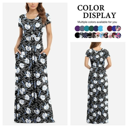 Asklazy Women's Short Sleeve Loose Plain Maxi Dresses Casual Long Dresses with Pockets,US Size,XL,F Bai He