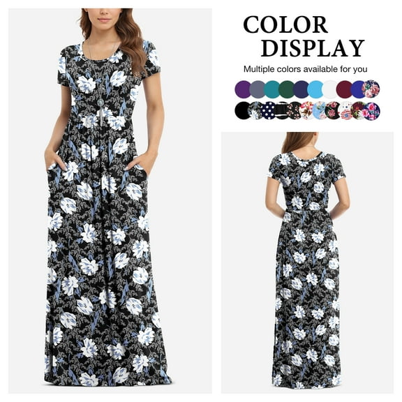 Asklazy Women's Short Sleeve Loose Plain Maxi Dresses Casual Long Dresses with Pockets,US Size,XL,F Bai He