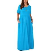 Asklazy Women's Short Sleeve Loose Plain Maxi Dresses Casual Long Dresses with Pockets,US Size,Sanyue Red,M