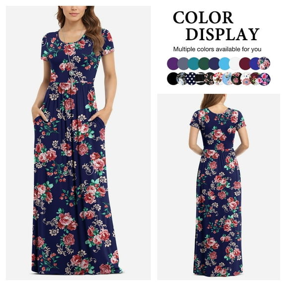 Asklazy Women's Short Sleeve Loose Plain Maxi Dresses Casual Long Dresses with Pockets,US Size,XL,Sui rose navy blue