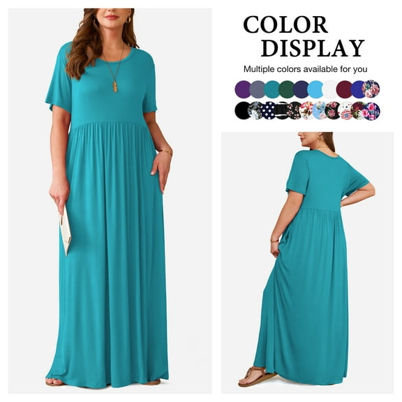 Asklazy Women's Short Sleeve Loose Plain Maxi Dresses Casual Long Dresses with Pockets,US Size,XXL,Acid blue
