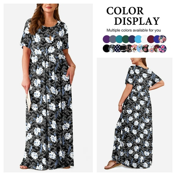 Asklazy Women's Short Sleeve Loose Plain Maxi Dresses Casual Long Dresses with Pockets,US Size,XXL,F Bai He