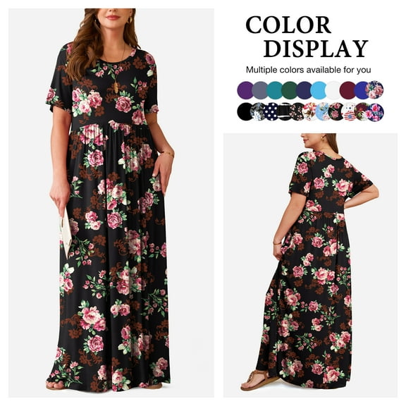 Asklazy Women's Short Sleeve Loose Plain Maxi Dresses Casual Long Dresses with Pockets,US Size,XXL,F Rose Black