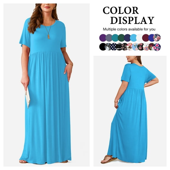 Asklazy Women's Short Sleeve Loose Plain Maxi Dresses Casual Long Dresses with Pockets,US Size,XXL,Nile blue