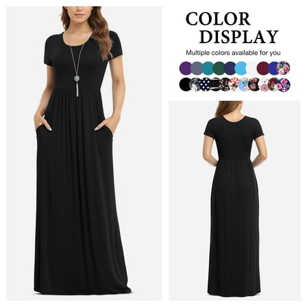 Asklazy Women's Short Sleeve Loose Plain Maxi Dresses Casual Long Dresses with Pockets(S-4XL)