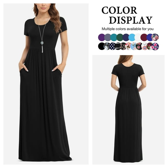 Asklazy Women's Short Sleeve Loose Plain Maxi Dresses Casual Long Dresses with Pockets(S-4XL)
