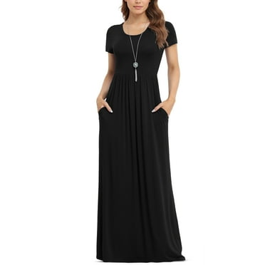 Asklazy Women's Short Sleeve Loose Plain Maxi Dresses Casual Long Dresses with Pockets(S-4XL)