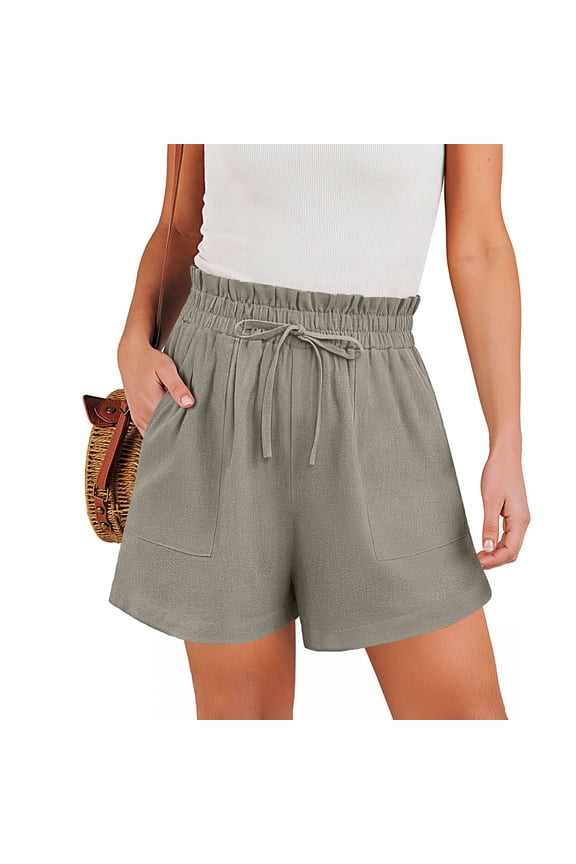 Women’s Linen Shorts with Elastic Waist and Drawstring, Casual Summer Beach Shorts with Pockets,Mother's Day ,Light Grey,L