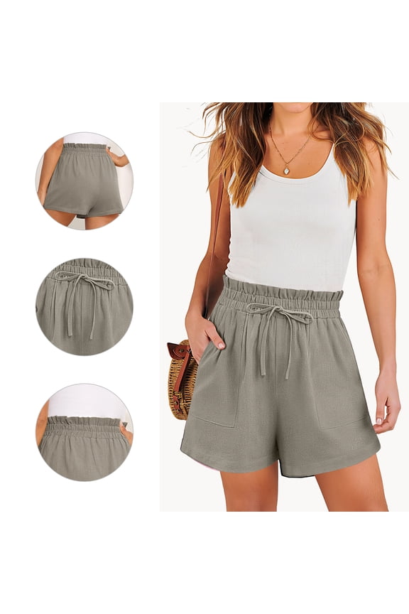 Women’s Linen Shorts with Elastic Waist and Drawstring, Casual Summer Beach Shorts with Pockets,Mother's Day ,Light Grey,L