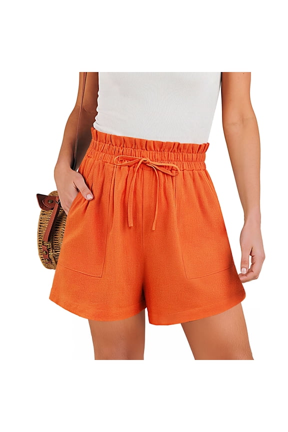 Women’s Linen Shorts with Elastic Waist and Drawstring, Casual Summer Beach Shorts with Pockets,Back to School ,Tangerine,L