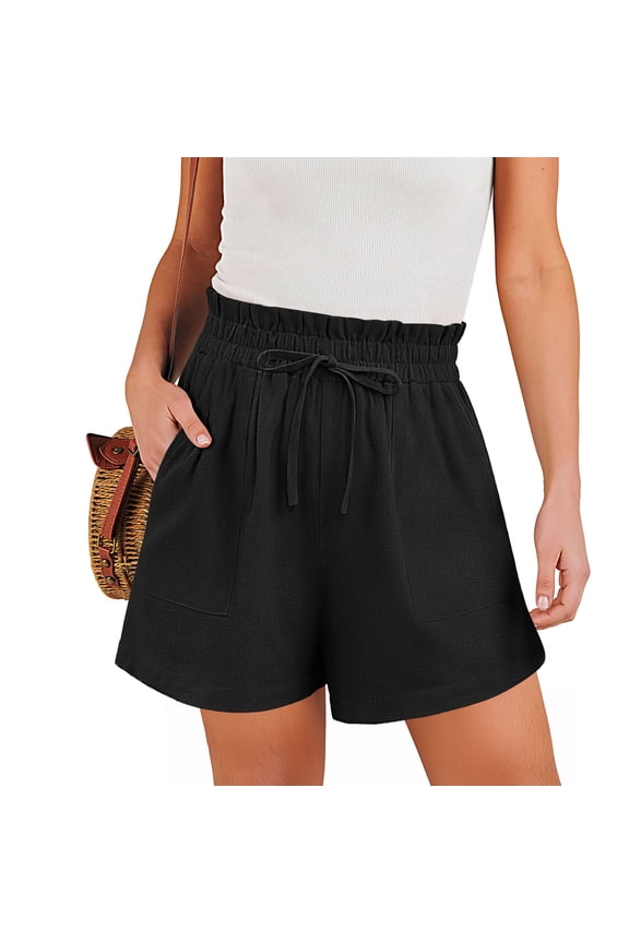 Women’s Linen Shorts with Elastic Waist and Drawstring, Casual Summer Beach Shorts with Pockets,Mother's Day ,Black,(S-2XL)
