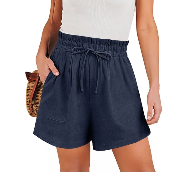 Asklazy Women’s Linen Shorts with Elastic Waist and Drawstring, Casual Summer Beach Shorts with Pockets,Mother's Day,Navy Blue,2XL