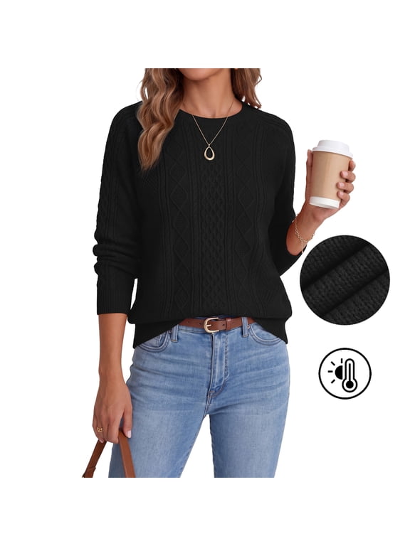 Women Pullovers Sweater Soft Fisherman Cable Long Sleeve Crewneck Sweater,Thanksgiving,Black,L