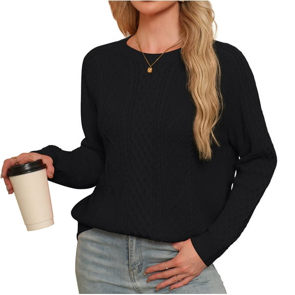 Asklazy Women Pullovers Sweater Soft Fisherman Cable Long Sleeve Crewneck Sweater,Black,XL