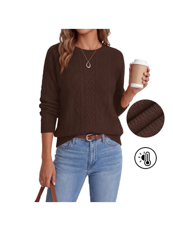 Women Pullovers Sweater Soft Fisherman Cable Long Sleeve Crewneck Sweater,Brown(S-2XL)