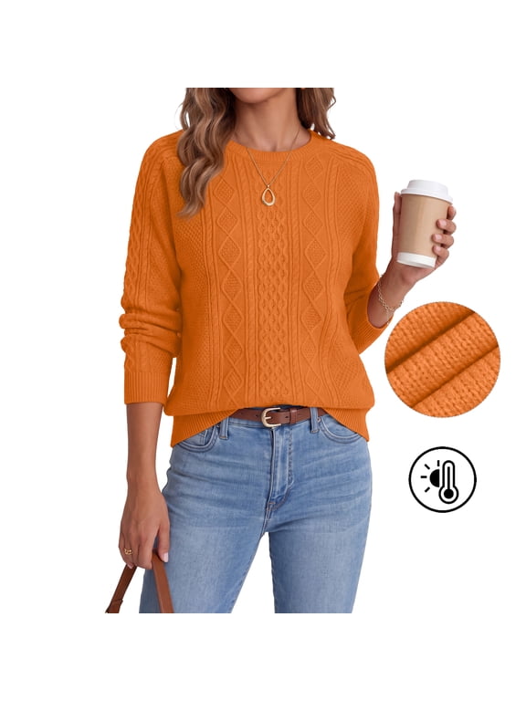Women Pullovers Sweater Soft Fisherman Cable Long Sleeve Crewneck Sweater,Halloween,Orange,L