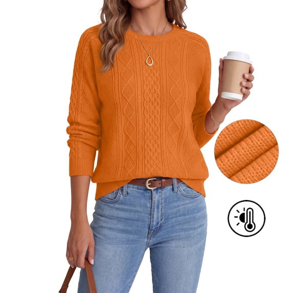 Asklazy Women Pullovers Sweater Soft Fisherman Cable Long Sleeve Crewneck Sweater,Halloween,Orange,M
