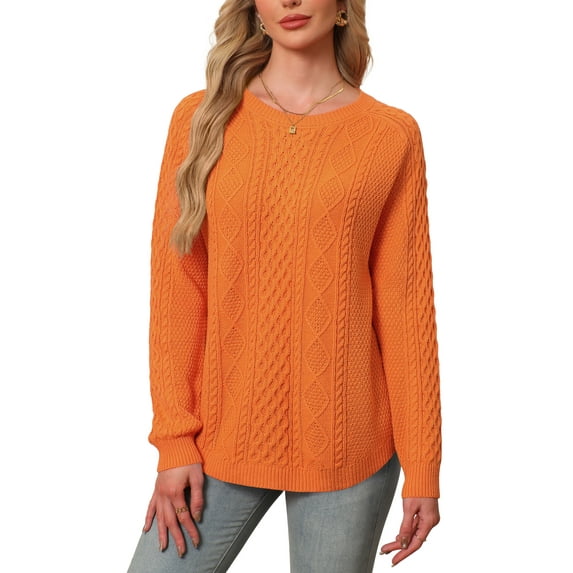 Asklazy Women Pullovers Sweater Soft Fisherman Cable Long Sleeve Crewneck Sweater,Orange,M
