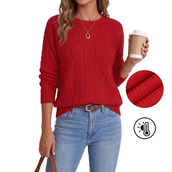 Asklazy Women Pullovers Sweater Soft Fisherman Cable Long Sleeve Crewneck Sweater,Christmas,Red,L