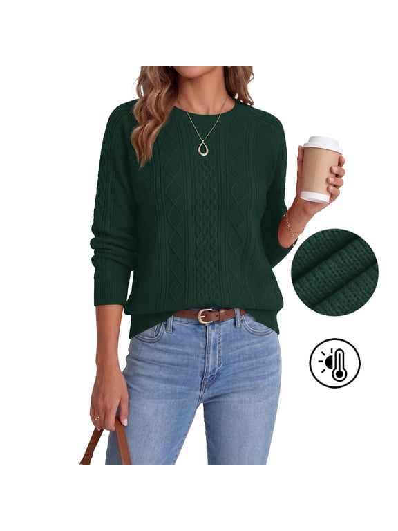 Women's Soft Fisherman Cable Long-Sleeve Crewneck Sweater,S Green,L