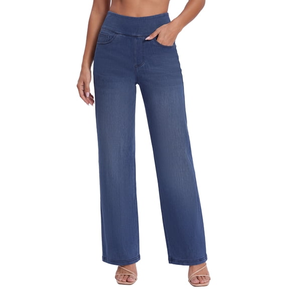 Asklazy Women's Stretch Wide Leg Jeans High Waisted Denim Pants with Pockets,Fall,Blue,L