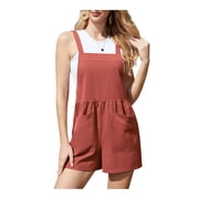 Asklazy Women Jumpsuits Casual Summer Rompers Sleeveless Loose Adjust Spaghetti Strap Shorts Overalls Jumpers with Pockets,Mother‘s Day,Rust,L