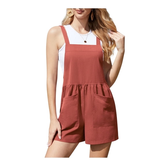 Asklazy Women Jumpsuits Casual Summer Rompers Sleeveless Loose Adjust Spaghetti Strap Shorts Overalls Jumpers with Pockets,Mother‘s Day,Rust,M