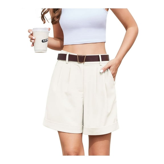 Asklazy Women's Summer Dressy Casual Elastic Waist Wide Leg Suit Tailored Shorts Comfy Elagant Work Trouser Shorts，US Size,Beige White,S