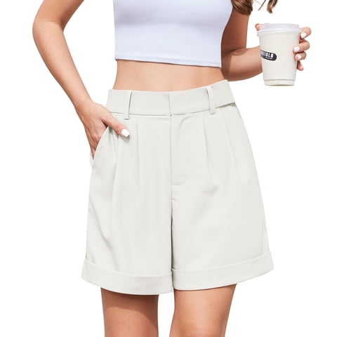 Women's Shorts Casual Shorts Elastic Waist Wide Leg Tailored Shorts Comfy Elagant Work Trouser Shorts,Mother's Day ,Beige White,XL