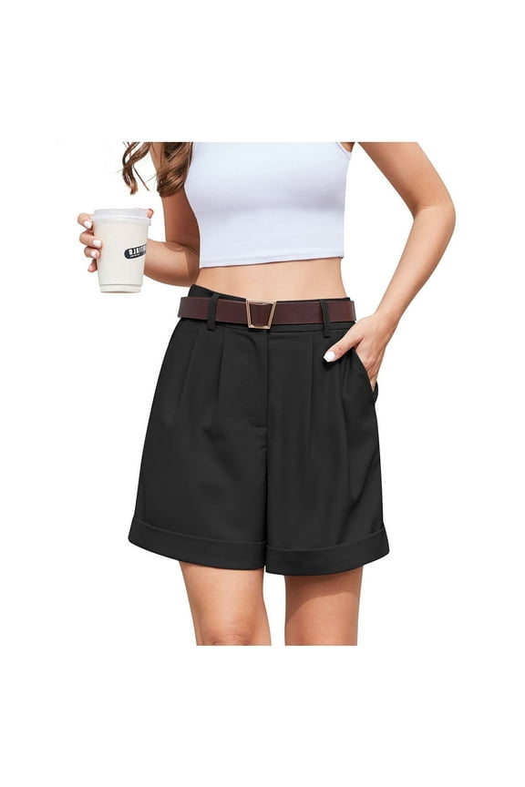 Women's Summer Dressy Casual Elastic Waist Wide Leg Suit Tailored Shorts Comfy Elagant Work Trouser Shorts，US Size,Black，XL