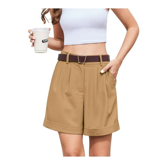 Asklazy Women's Summer Dressy Casual Elastic Waist Wide Leg Suit Tailored Shorts Comfy Elagant Work Trouser Shortsï¼US Size,Khaki,L