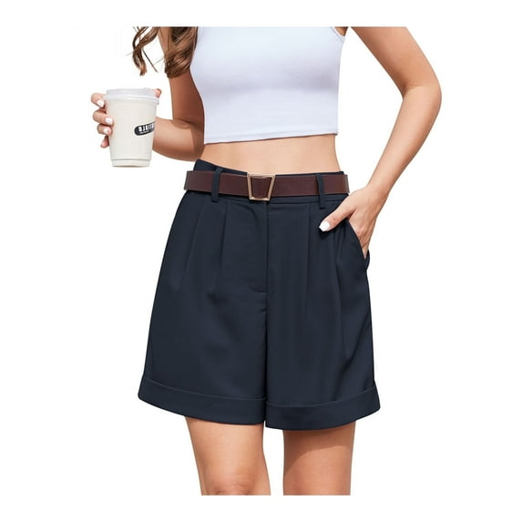 Asklazy Women's Summer Dressy Casual Elastic Waist Wide Leg Suit Tailored Shorts Comfy Elagant Work Trouser Shortsï¼US Size,Navy Blue,M