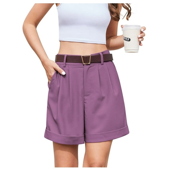 Asklazy Women's Summer Dressy Casual Elastic Waist Wide Leg Suit Tailored Shorts Comfy Elagant Work Trouser Shortsï¼US Size,Purple,S