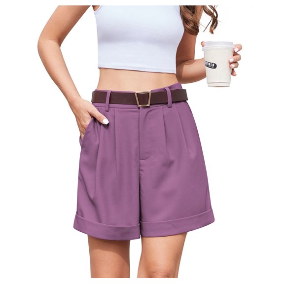 Asklazy Women's Summer Dressy Casual Elastic Waist Wide Leg Suit Tailored Shorts Comfy Elagant Work Trouser Shortsï¼US Size,Purple,S
