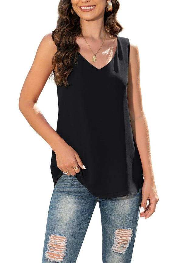 Women's Summer Sleeveless Chiffon Blouse Business Casual Tank Flowy Tops for Women,US Size,Black,M