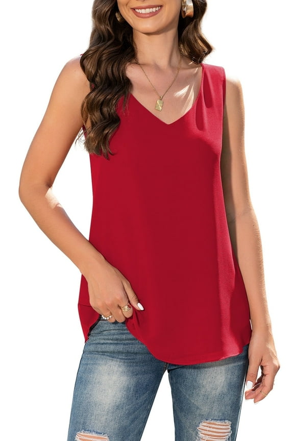 Women's Summer Sleeveless Chiffon Blouse Business Casual Tank Flowy Tops for Women,US Size,D Red,M