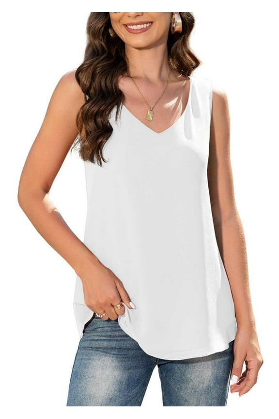 Women's Summer Sleeveless Chiffon Blouse Business Casual Tank Flowy Tops for Women,US Size,White,S