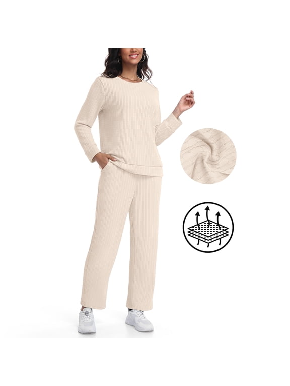 Two Piece Lounge Sets for Women Knit Long Sleeve Top and Long Pants Loungewear with Pocket,Thanksgiving,Beige,S-2XL