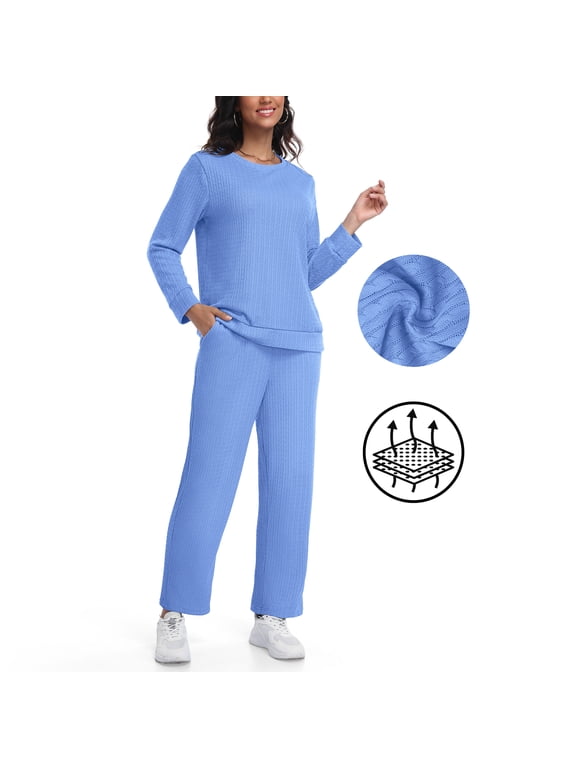 Two Piece Lounge Sets for Women Long Sleeve Textured Top and Long Pants Loungewear with Pocket,Thanksgiving,Blue,S-2XL