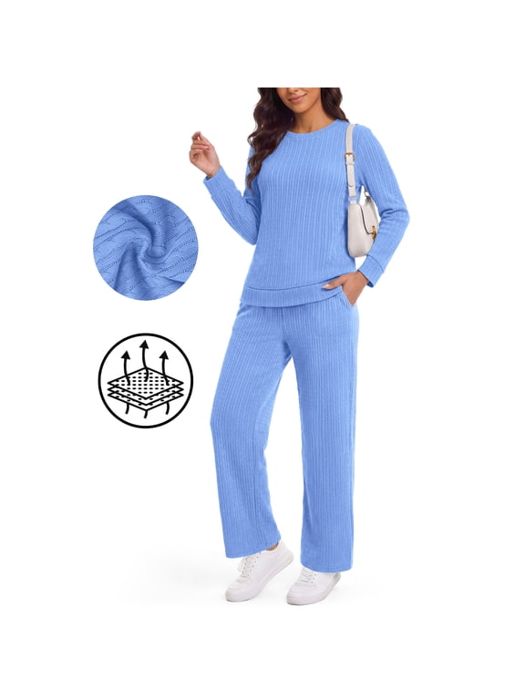 Women's Cable Knit Lounge Set,Long Sleeve Top and Long Pants,2 Piece Loungewear with Pocket,Blue,S-2XL