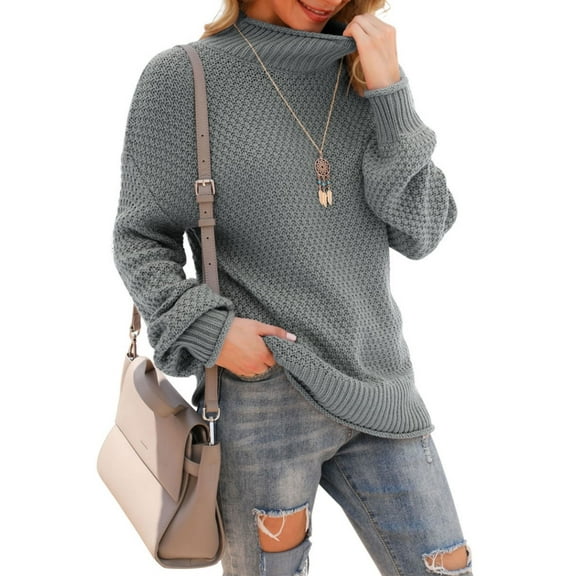 Asklazy Women's Turtleneck Oversized Sweaters Batwing Long Sleeve Pullover Loose Chunky Knit Jumper,Gray