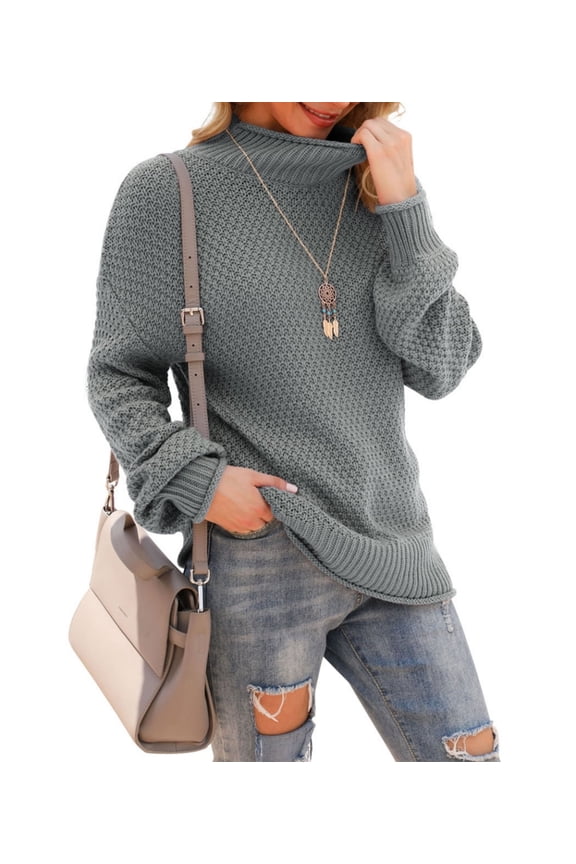 Women's Turtleneck Oversized Sweaters Batwing Long Sleeve Pullover Loose Chunky Knit Jumper,Gray