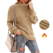 Asklazy Women's Turtleneck Oversized Sweaters Batwing Long Sleeve Pullover Loose Chunky Knit Jumper,Khaki