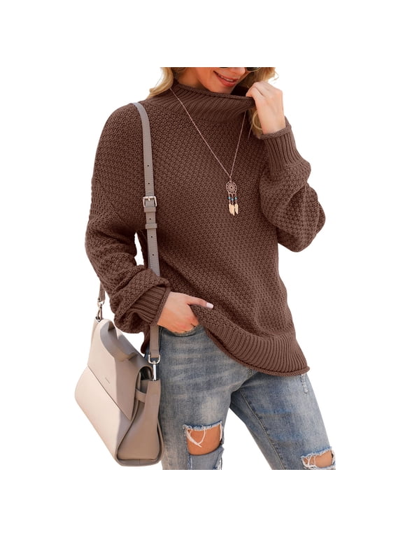 Women's Turtleneck Oversized Sweaters Batwing Long Sleeve Pullover Loose Chunky Knit Jumper,Brown,S-2XL