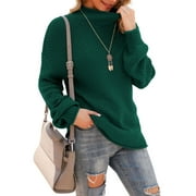 ASKLAZY Women's Turtleneck Oversized Sweaters Batwing Long Sleeve Pullover Loose Chunky Knit Jumper,Dark green