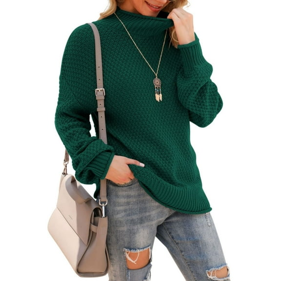 Asklazy Women's Turtleneck Oversized Sweaters Batwing Long Sleeve Pullover Loose Chunky Knit Jumper,Dark green